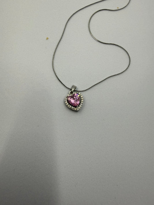 Silver Pink Heart Pendant Necklace