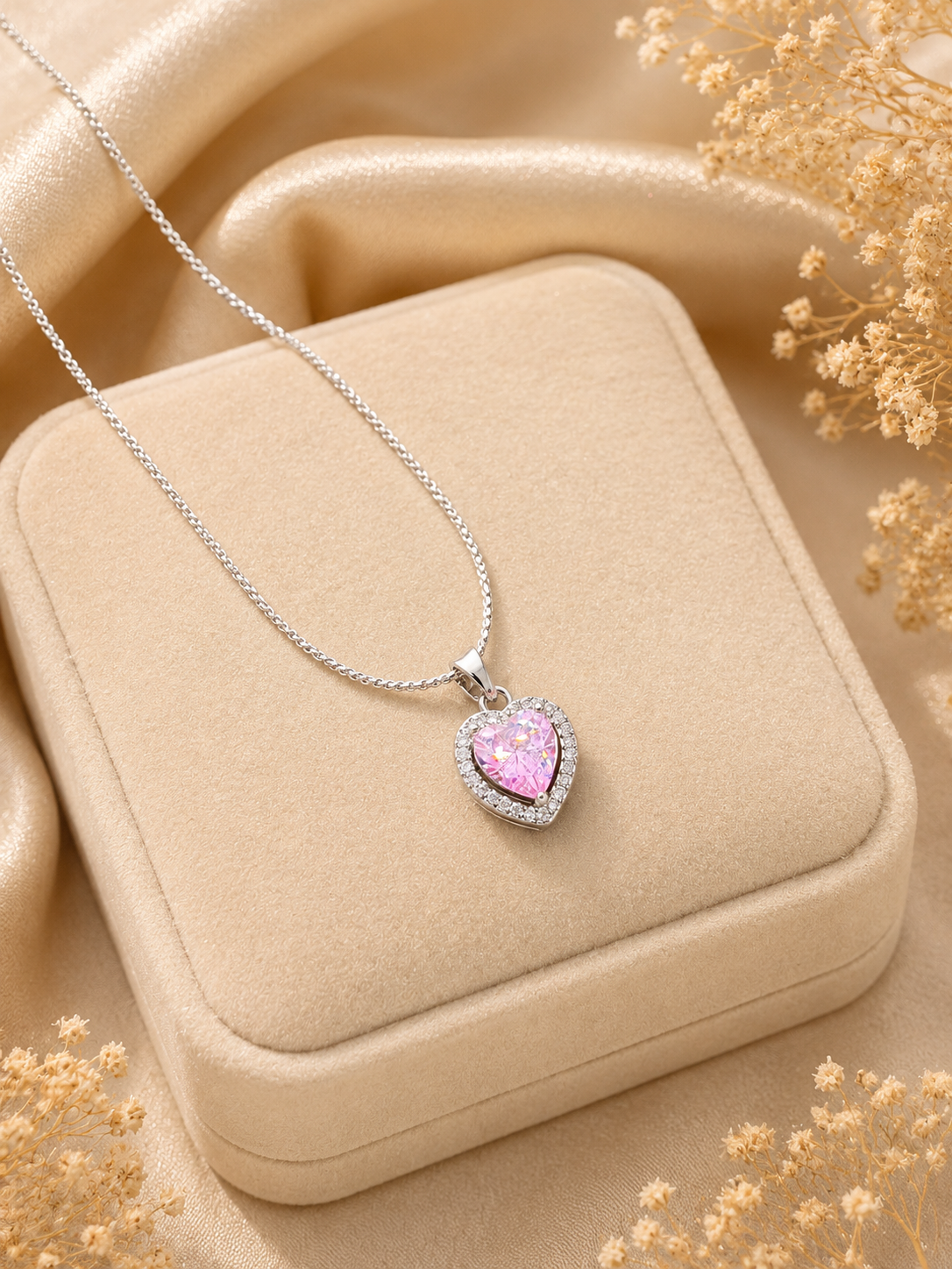 Silver Pink Heart Pendant Necklace