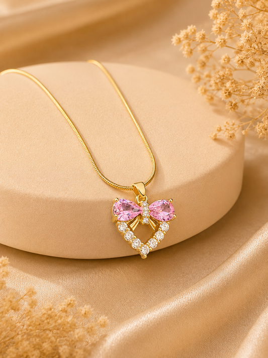 Gold Pink Bow Pendant Necklace
