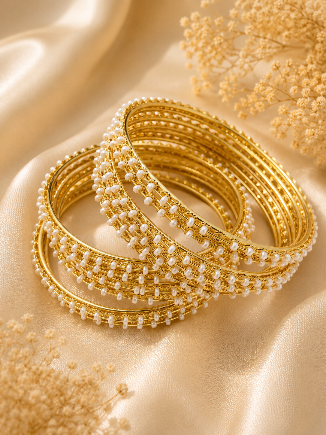 Pearl Beaded Gold Bangle Set