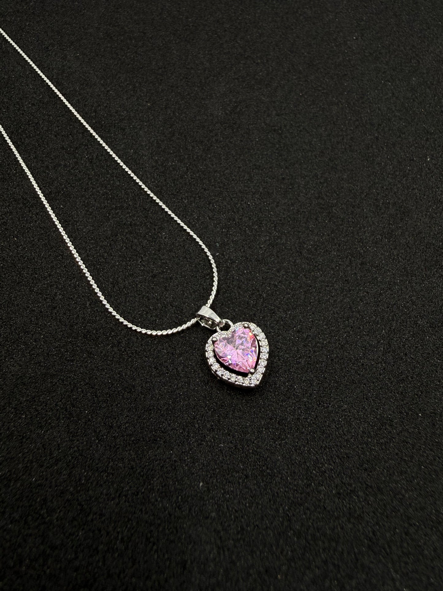 Silver Pink Heart Pendant Necklace