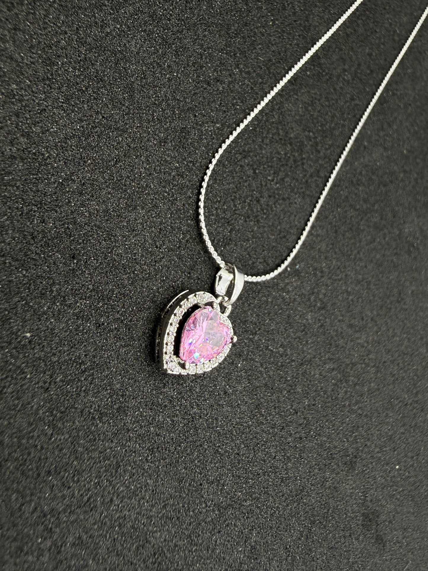 Silver Pink Heart Pendant Necklace