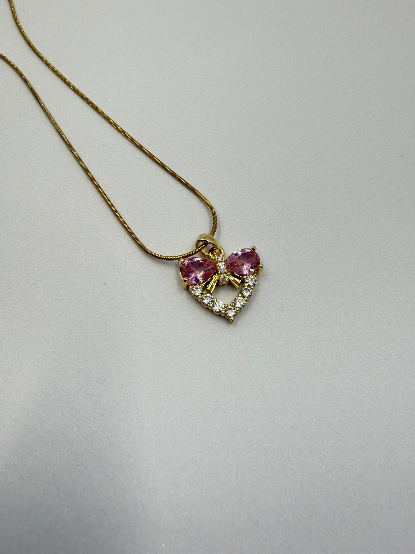 Gold Pink Bow Pendant Necklace