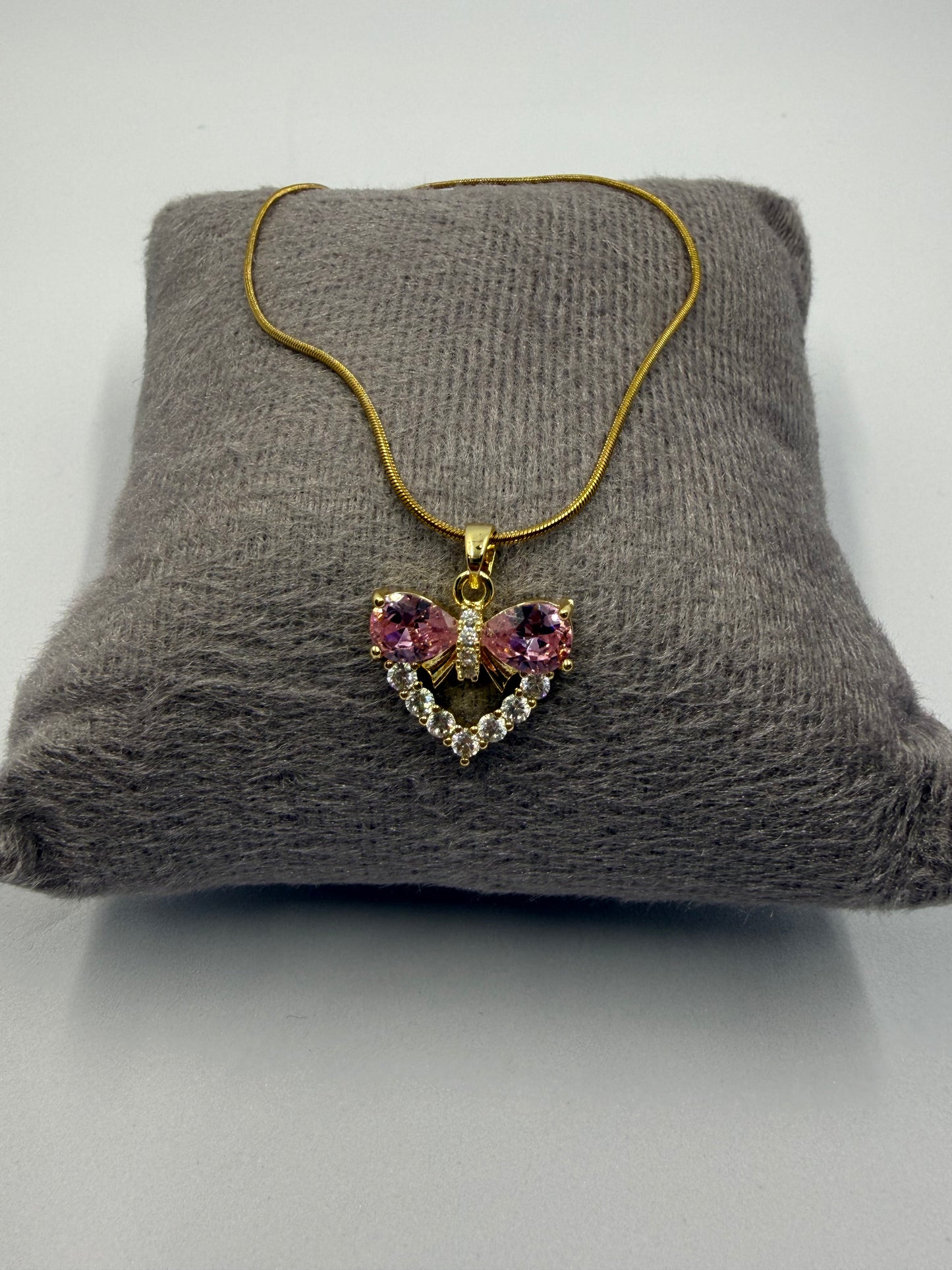 Gold Pink Bow Pendant Necklace