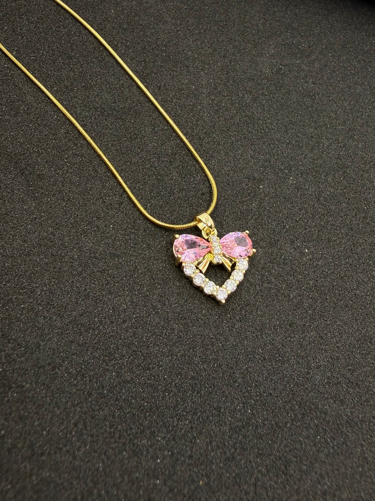 Gold Pink Bow Pendant Necklace